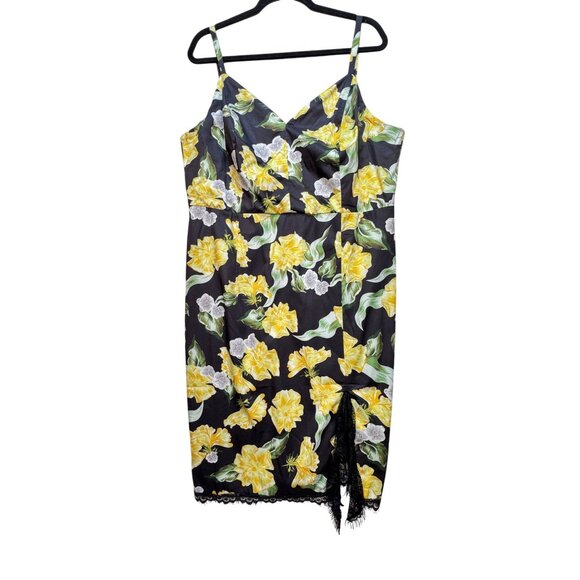 NWT Grace Karin Womens Floral Bodycon Dress Size 2XL Black Yellow Midi Slit Lace - Picture 1 of 15